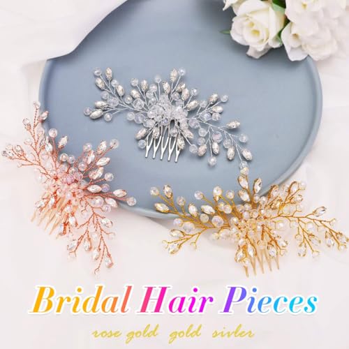 Rhinestone Hair Comb Wedding Hair Accessory for Women | Silver Bride Hair Clip Crystal Bridal Hair Piece Accessories - color: C-rose gold
