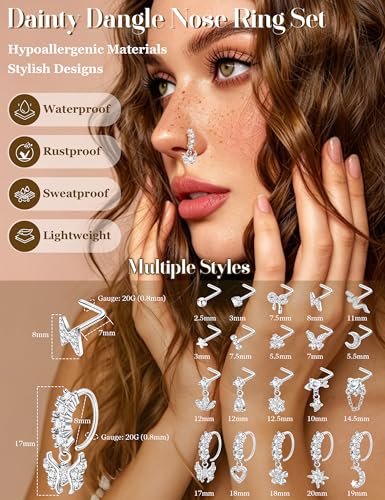 20Pcs 20G Dangle Nose Rings for Women Surgical Steel L Shaped Dangling Nose Studs Dainty Nose Ring Hoop Set CZ Heart Flower Butterfly Moon Nose Piercing Jewelry - color: Silver Clear Nose Rings