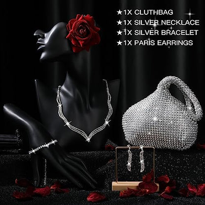 4 Pcs Silver Clutch Purse Jewelry Set for Women Rave Accessories Evening Rhinestone Purse Silver for Bride Wedding - style: Delicate Style