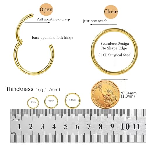 Small Gold Hoop Earrings, Lightweight 14K Gold Plated Huggie Hoop Earrings for Cartilage Helix Tragus, Hypoallergenic Earrings for Women Men, Tiny Thin Hoops Surgical Steel Endless Hoops Earrings 6-10 mm - color: 8/10/12mm Hoop Gold-16g
