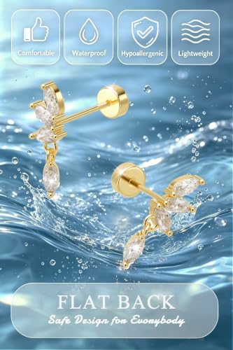 Freekiss Cartilage Flat Back Earrings Hypoallergenic for Sensitive Ears | 14K Gold / Sterling Silver Plated Climbers Earrings for Women Dainty Cz Stud Earring 20G Conch Tragus Helix Piercing Jewelry - color: 4CZ Marquise-GD