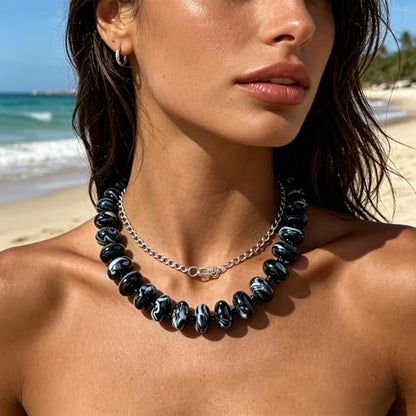 Beaded Necklace for Women Statement Chunky Necklace Boho Bead Choker Acrylic Big Bead Necklaces Summer Beach Jewelry for Women - color: Black
