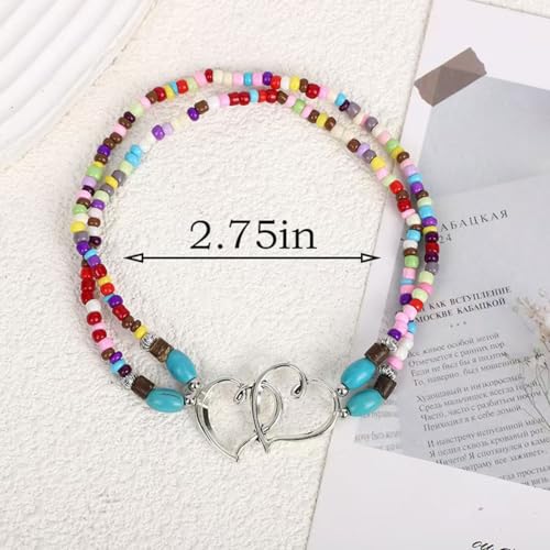 Ankle Bracelets for Women Waterproof Elastic Anklets | Boho Layered Beaded Ankle Bracelet Double Heart Colorful Anklet Summer Beach Jewelry Accessories - style: Colour Style