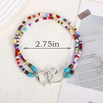 Ankle Bracelets for Women Waterproof Elastic Anklets | Boho Layered Beaded Ankle Bracelet Double Heart Colorful Anklet Summer Beach Jewelry Accessories - style: Colour Style