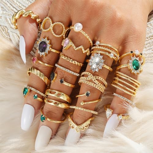 IFKM Gold Plated Jewelry Set for Women,14k Gold Plated Multi Layer Necklaces Stackable Bangle Bracelets Stackable Knuckle Rings Hoop Earrings Set Anniversary Trendy Elegance Charms Anniversary Birthday Jewelry Gift - color: Gold stackable