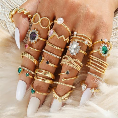 IFKM Gold Plated Jewelry Set for Women,14k Gold Plated Multi Layer Necklaces Stackable Bangle Bracelets Stackable Knuckle Rings Hoop Earrings Set Anniversary Trendy Elegance Charms Anniversary Birthday Jewelry Gift - color: Gold stackable