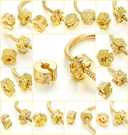 RUBYCA 20pcs Mix Lot of Gold Color Clip Lock Stopper Clasp Beads DIY fit European Charm Bracelet - color: Mix Models, size: 20 PCS
