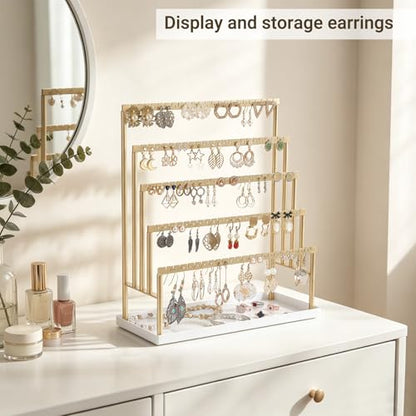 Mkono 5-Tier Earring Holder Organizer, Gold Jewelry Display Stand with Tray | 112 Pairs Ear Stud Hanger, Storage Bracelet Rings ,Anti-Tip Metal Rack, Vanity & Counter Use, Home Room Decor, Gift for Women
