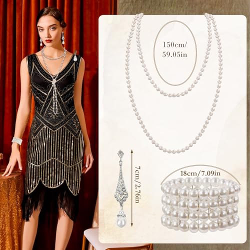 1920s Pearl Jewelry Set - Long Pearl Necklace, Earring Set, Multilayer Bracelet - Flapper Accessories for Women - color: Elegant