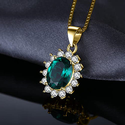 JewelryPalace Princess Diana Kate Middleton Natural Amethyst Citrine Garnet Peridot Topaz Created Ruby Sapphire Simulated Emerald Pendant Necklace for Women, 925 Sterling Silver Gemstone Jewelry Set - color: E-Yellow Gold Plated-emerald