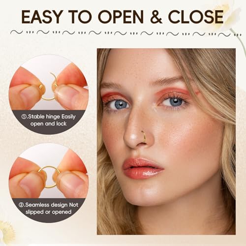 10Pcs Gold Nose Ring Hoop 18G/20G Clicker Nose Hoops Hypoallergenic Stainless Steel Nose Piercings Jewelry Gold Nose Jewelry Septum Helix Cartilage Lip Body Piercings for Women Men 7mm 8mm 9mm 10mm 12mm - color: Gold-20G