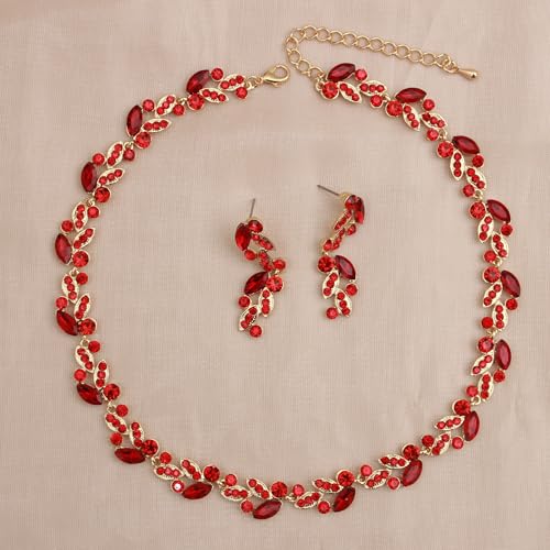 QLLYHLH Woman’s Brides Bridesmaid Leaf Choker Necklace Dangle Earrings Link Bracelet Austrian Crystal Wedding Jewelry Set Prom Costume Party Events | Brides, Bridesmaid, Prom, Events, Costume Party, Leaf - color: Red-Gold Plated