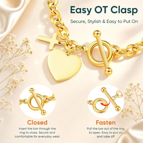 Gamtic Personalized Charm Bracelet for Women, Gold Bracelet with Cross Heart Charms, Bible Verse Christian Bracelet, Custom Engraved Stainless Steel Ot Clasp Bracelet, Faith Gifts Jewelry for Her - color: Custom Both Sides