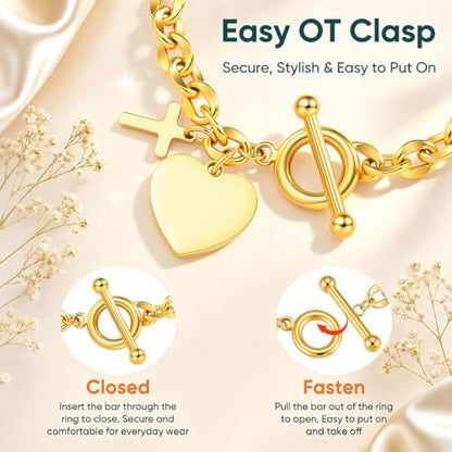 Gamtic Personalized Charm Bracelet for Women, Gold Bracelet with Cross Heart Charms, Bible Verse Christian Bracelet, Custom Engraved Stainless Steel Ot Clasp Bracelet, Faith Gifts Jewelry for Her - color: Custom Both Sides