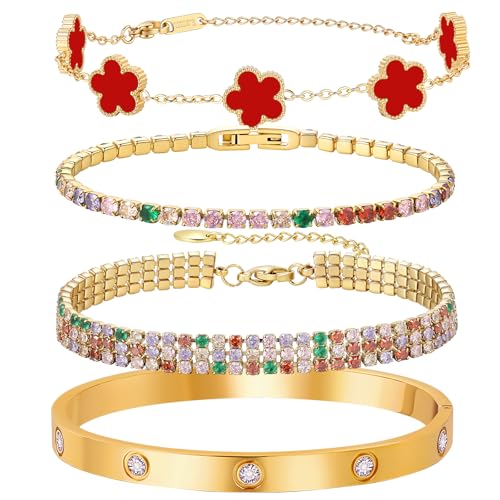 18 K Gold Plated Love Bangle Bracelet Stack for Women,Set of 4 Floral Clover Chain, Tennis Crystal &Gold Stackable Bangle Bracelet -Adjustable Layered Jewelry Gift for Wife Valentines Mother's Day-MVCOLEDY - color: Red Coloured CZ