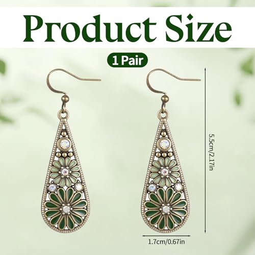 Bohemian Crystal Teardrop Pendant Earring, Vintage Olive Green Hollow Out Flower Floral Dangle Earrings Tribal Geometric Design Handmade Ethnic Statement Jewelry Gift for Women
