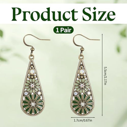 Bohemian Crystal Teardrop Pendant Earring, Vintage Olive Green Hollow Out Flower Floral Dangle Earrings Tribal Geometric Design Handmade Ethnic Statement Jewelry Gift for Women