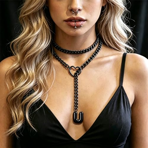 Black Heart Slip Chain Initial Necklaces for Women, Stainless Steel Wrap Choker Necklace, Gothic O-Ring Adjustable Lariat Y Necklaces, Punk Cuban Collar Choker Necklace, Halloween Jewelry Gift - color: Black U