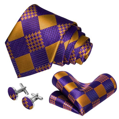 5PCS Mens Silk Tie, Pocket Square, Cufflinks, Drilled Tie Ring and Lapel Pin Set for Wedding Groom Party - color: Purple Gold Tie Set -281+7