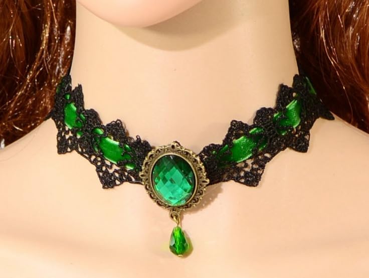 CSIYANJRY99 Gothic Choker Necklace for Women Halloween Red Crystal Vampire Choker Steampunk Lace Choker Witch Costume Accessories - style: Green