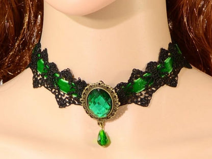 CSIYANJRY99 Gothic Choker Necklace for Women Halloween Red Crystal Vampire Choker Steampunk Lace Choker Witch Costume Accessories - style: Green