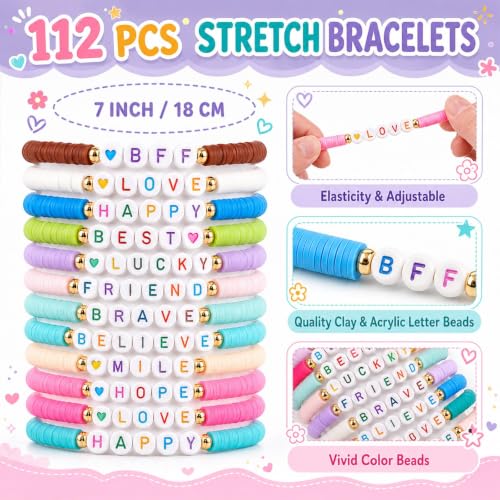 gisgfim 112 Pcs Beaded Friendship Bracelets Bulk Surfer Heishi Clay Stretch Y2K Bracelets Colorful Cute Boho Stackable BFF Bestie Inspirational Jewelry for Women Summer Beach Party Favors Style - style: Word