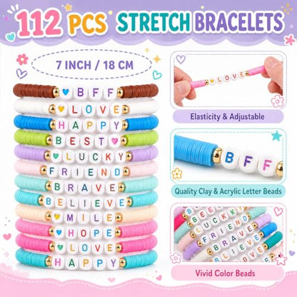 gisgfim 112 Pcs Beaded Friendship Bracelets Bulk Surfer Heishi Clay Stretch Y2K Bracelets Colorful Cute Boho Stackable BFF Bestie Inspirational Jewelry for Women Summer Beach Party Favors Style - style: Word