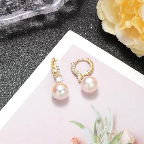 Pearl Earrings for Women 14K Gold Plated Hypoallergenic Pearl Earrings 5A Cubic Zirconia Dangle Earrings Elegant Jewelry - color: 2-Gold-Pink