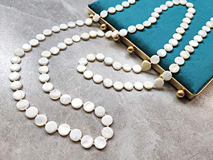 Firstmeet Flat Round Coin Shell Beads Long Knotted Necklace Natural Mother of Pearl Handmade Jewelry For Women - color: Freshwater Shell