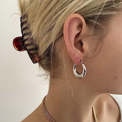Chunky Gold Hoop Earrings for Women 14k Gold Plated Thick Triple Earrings | Hypoallergenic Trendy Chunky Gold Hoops Earrings,Dainty Jewelry Gifts for Women - style: Silver Tapered Hoop Earring