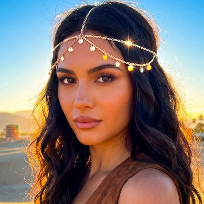 Yokawe Gold Sequins Head Chain Jewelry Bohemian Layered Festival Costume Headpieces Hair Accessories for Women