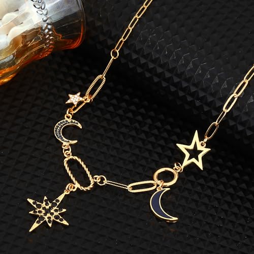 Charm Necklace for Women Gold Evil Eye Sun Moon Flower Coin Pendant Necklace Dainty Paperclip Chain Vintage Luck Amulet Choker Necklaces Celestial Jewelry Gift - style: Black Celestial Charms