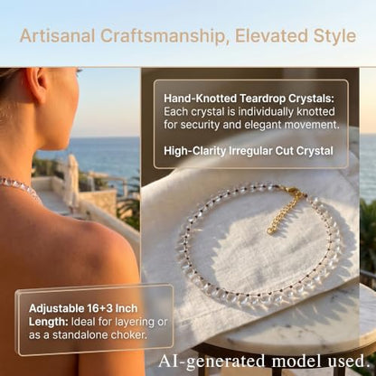 Multi Color Irregular Crystal Bead Necklace for Women, Handmade Knot Teardrop Beads, Layering Beach Party Jewelry Gift, 16IN+3IN Extender 18K Gold Plated Lobster Clasp - color: Clear