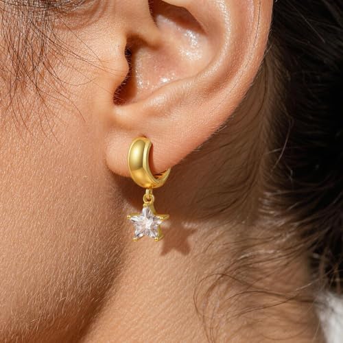Chunky Gold Huggie Cz Dangle Earrings for Women | Hoop Huggies Dangly, Cubic Zirconia Drop Earring, Diamond Crystal Charm, Statement Dangling Earrings, Jewelry Gifts - color: Gold-Star