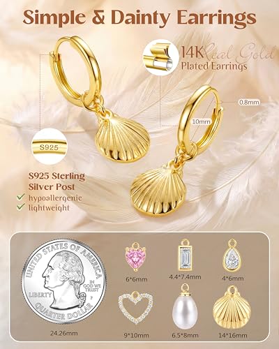 FIBO STEEL 14K Gold Plated Hoop Earrings with Charms for Women Huggie Hoops | Hypoallergenic 925 Sterling Silver Post Dangle Earrings Small Silver Gold Hoops Earring Cubic Zirconia Dangle Drop Jewelry - color: Shell - 14K Gold Plated