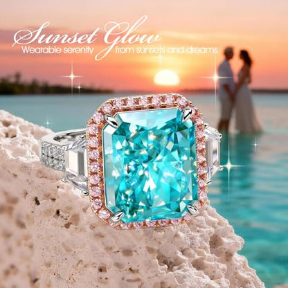 Moissa 8ct Sunset Glow Radiant Cut Halo Cocktail Ring for Women | 14K Gold Plated Tarnish-Resistant Silver Ring, 12x10mm Lab Zircon, Bold Statement Ring for Party, Engagement & Anniversary - color: Vivid Blue