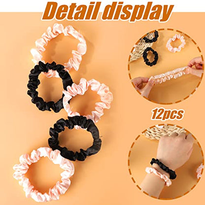 12 Pcs Satin Scrunchies For Women Girls, Silk Hair Ties | Soft Satin Fabric, Gentle Hold, Stretch Elastic Band, 6 Blush + 6 Black, For Daily Wear, Sleep, Parties, Gifting - color: 12Pcs Black+Blush