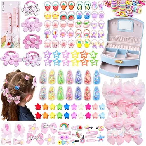 252Pcs Hair Accessories for Girls Back to School Gift with Blue Jewelry Box | Hair Stuff Including Jewelry Box for Neat Storage Clips Ties Bows for Little One Teen Age 3-12 Birthday Gift - color: BLUE