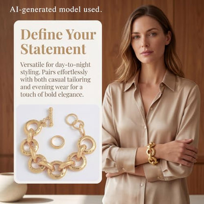 18K Gold Plated Hammered Toggle Bracelet for Women | Chunky hammered statement bracelet with a toggle closure and 3 adjustable sizes, designed for everyday wear and gifting - style: Style Two
