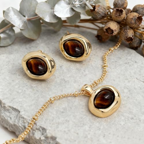 Gold Silver Stud Earrings Pendent Necklace Sets for Women, Dainty Rhinestone Crystal Necklace Earing Jewelry Set Wedding Accessories Fashion Holiday Gift - color: Brown Tiger Eye
