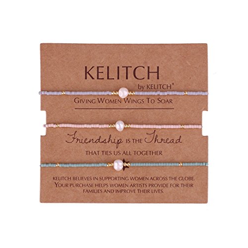 KELITCH 3 PCS Natural Pearls Bracelets Women Strand Thin Rope Friendship Bracelets Handmade Stack Charm Bracelets - color: Pink Green Purple 02C