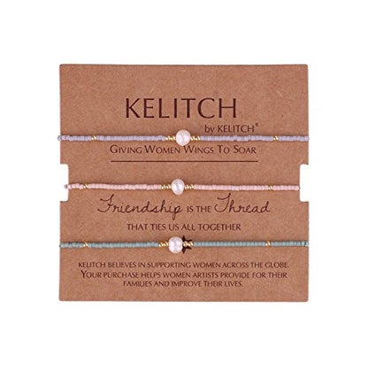 KELITCH 3 PCS Natural Pearls Bracelets Women Strand Thin Rope Friendship Bracelets Handmade Stack Charm Bracelets - color: Pink Green Purple 02C