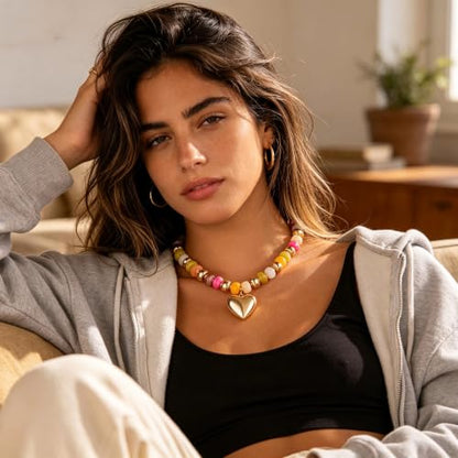 Resin Chunky Colorful Beaded Necklace | Adjustable Boho Statement Necklace,Summer Beach Party Jewelry - color: Heart+Colorful