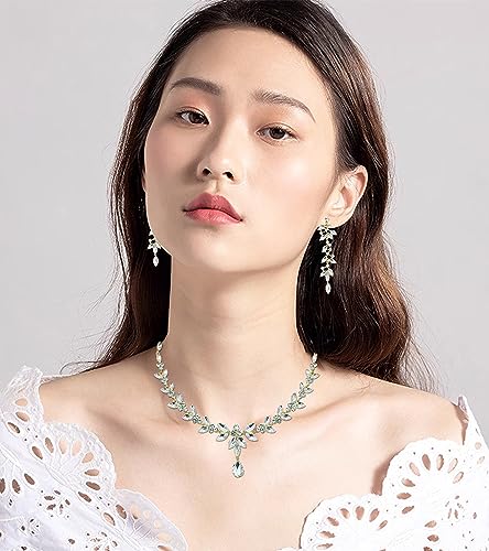 CSY Elegant Bridal Jewelry Sets Wedding Prom Homecoming Gown Accessories | Austrian Marquise Crystal Wedding Necklace Dangle Earrings Tennis Bracelet Ring Set for Bride Women Costume Accessories - color: white crystal-gold tone