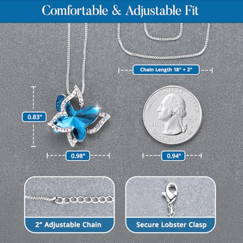 Butterfly Necklace, Birthstone Crystal, for Women, Silver Tone Pendant Jewelry, Anniversary Birthday Gift for Her, Wife & Mom, 18"+2" - color: 09-September Birthstone - Bermuda Sapphire Blue Crystal