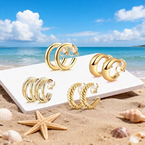 4 Pairs Gold Clip On Earrings, Non-Pierced Lightweight Hoops for Women, Comfortable for Daily & Party Wear
