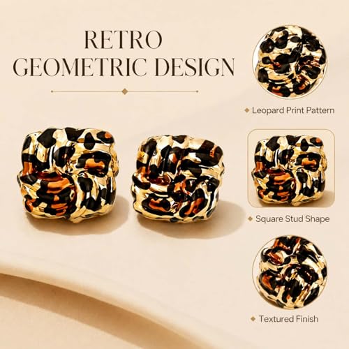 Golden Geometric Leopard Print Earrings for Women,Retro Gold Plated Square and Triangle Studs,Hypoallergenic Statement Jewelry,Fashion Animal Print Accessories Earring for Everyday & Party Wear - color: Square Leopard