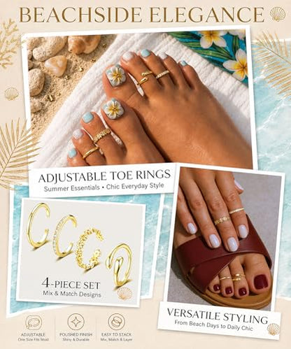 4Pcs Toe Rings for Women Non Tarnish 14K Gold Filled Toe Ring Adjustable Flower CZ Band Wave Dainty Toe Ring Summer Beach Open Toe Rings Set Waterproof Toe Jewelry Foot Jewelry - color: Gold flower