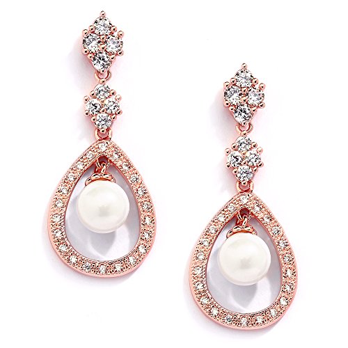 Mariell Pearl Bridal Wedding Earrings for Bride, Pearl Jewelry for Bridesmaid, Prom, Mother of the Bride - color: Rose Gold Pierced