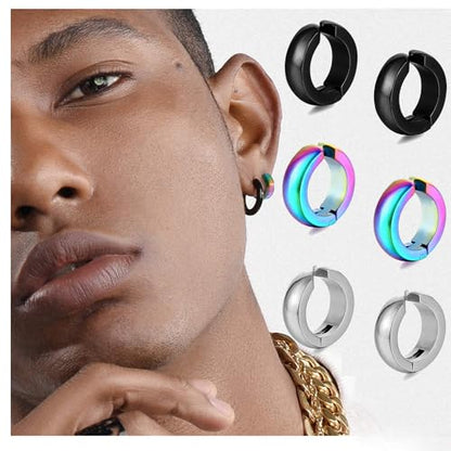 SIISPRI Stainless Steel Mens Womens Clip On Earrings Hoop Huggie Non-Piercing - color: 3-Color Set(Black, Rainbow, Silver)